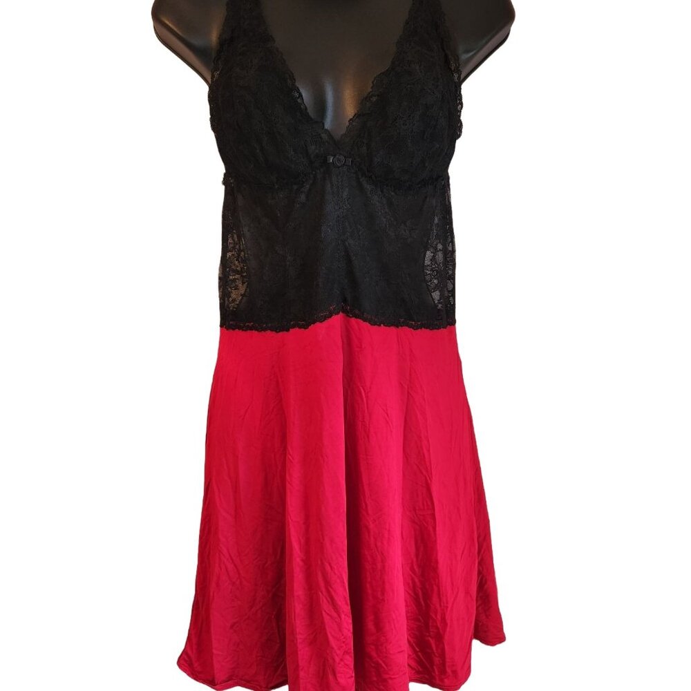 Felina Lingerie Black Lace & Red Satin Chemise Nightgown With Adjustable Straps